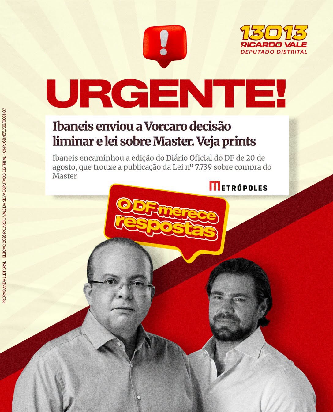 Ricardo Vale questiona mensagens de Ibaneis a Vorcaro sobre operação do BRB com o Master
