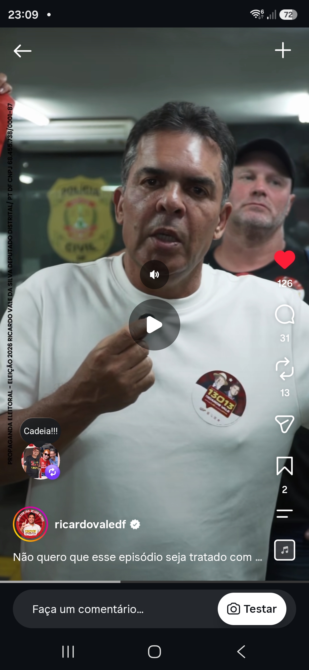Ricardo Vale denuncia avanço de camionete sobre placas de campanha e alerta para risco a funcionário