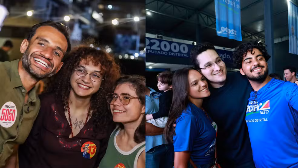 Deputados distritais de diferentes partidos aparecem ao lado de apoiadores jovens e de outras faixas etárias durante atividades políticas e eventos de campanha no Distrito Federal.